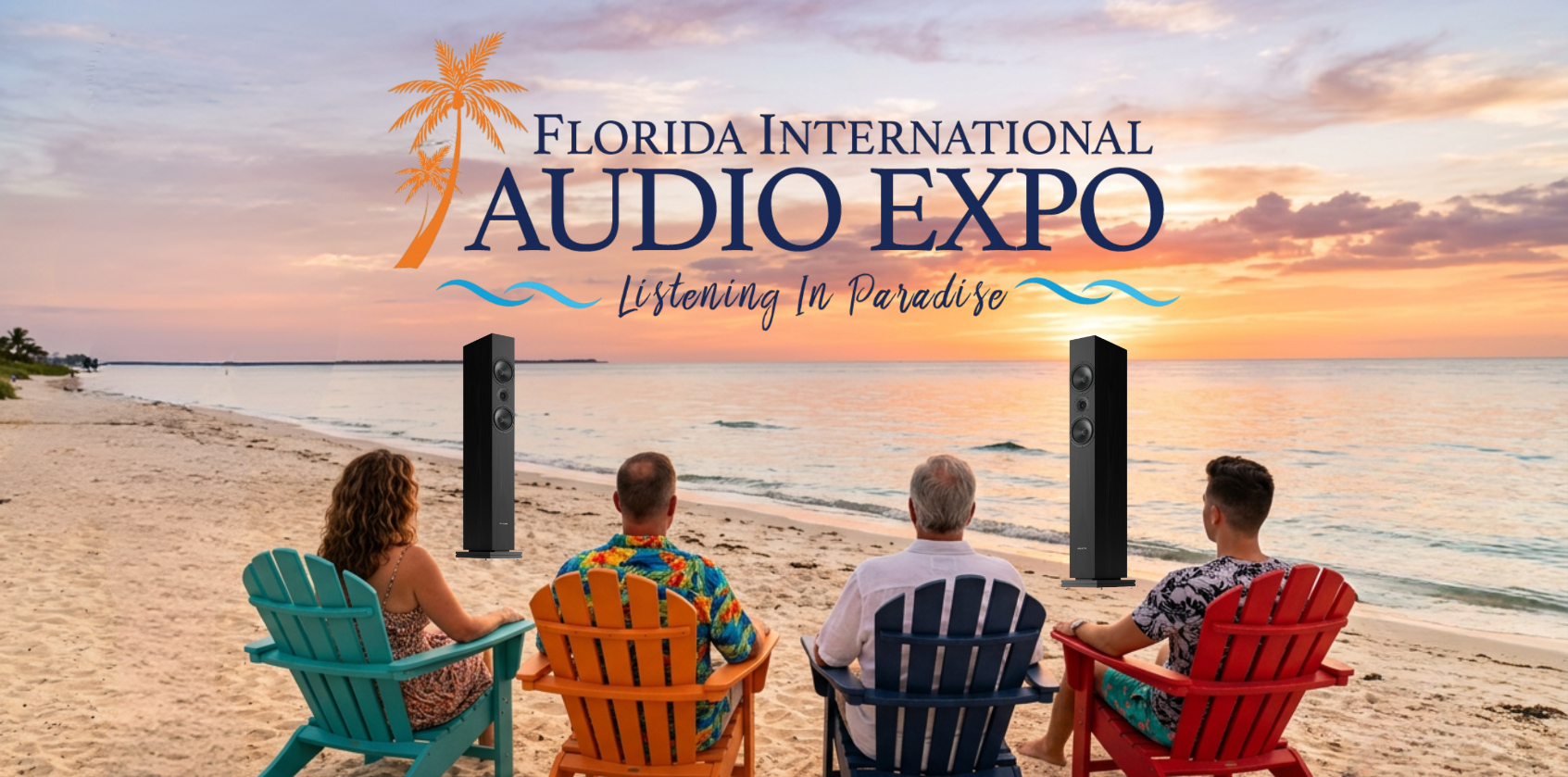 Four people sitting on colorful chairs on a beach with 'Florida International Audio Expo' text overlay.